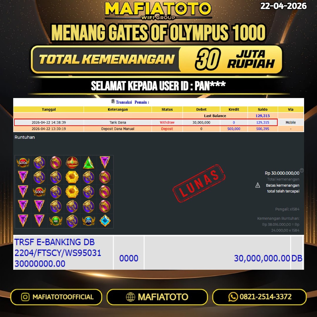 MAFIATOTO JACKPOT SLOT GATES OF OLYMPUS 1000 RP.30.000.000 - LUNAS ID : PAN***