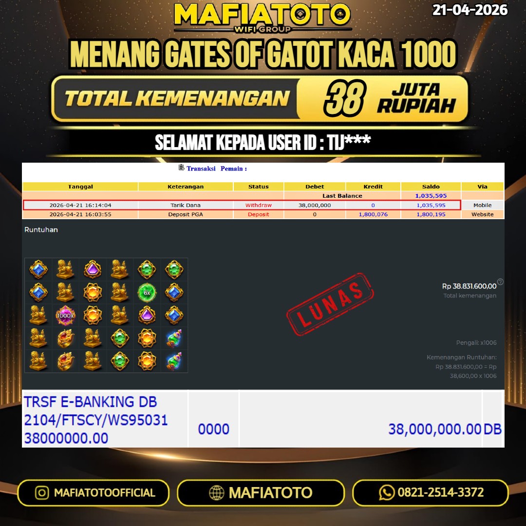 MAFIATOTO JACKPOT SLOT GATES OF GATOT KACA 1000 RP.38.000.000 - LUNAS ID : TIJ***