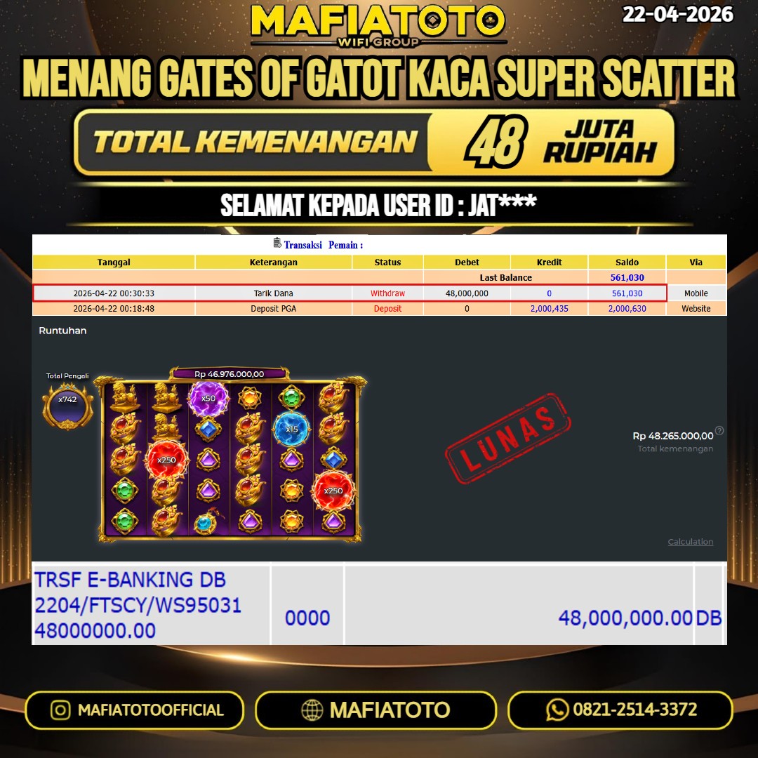 MAFIATOTO JACKPOT SLOT GATES OF GATOT KACA SUPER SCATTER RP.48.000.000 - LUNAS ID : JAT***