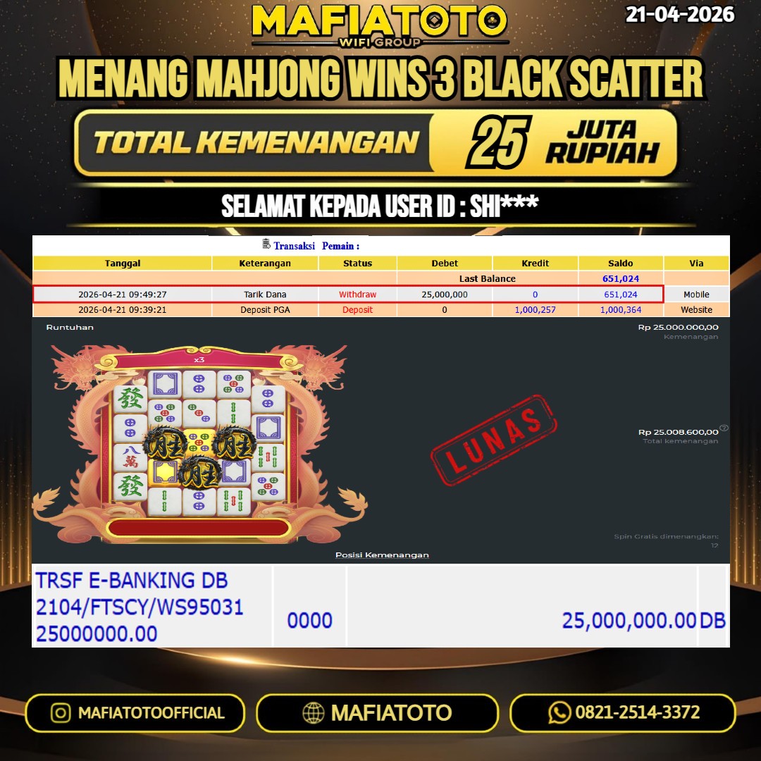 MAFIATOTO JACKPOT SLOT MAHJONG WINS 3 BLACK SCATTER RP.25.000.000 - LUNAS ID : SHI***